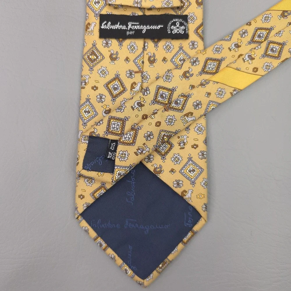 Salvatore Ferragamo Tie Mens Yellow Silk Geometric Animal Print Musei Vaticani